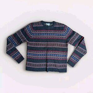Vtg Royal Robbins 100% Wool Sweater Woman’s Sz M Fair Isle Stripes Gray